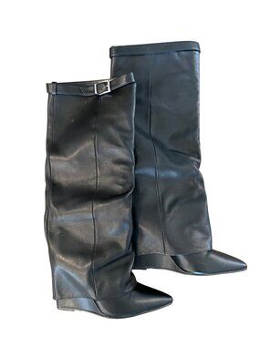 Black Leather & Synthetic Womens Knee-High Wedge Boots With Buckle Detail Size 9